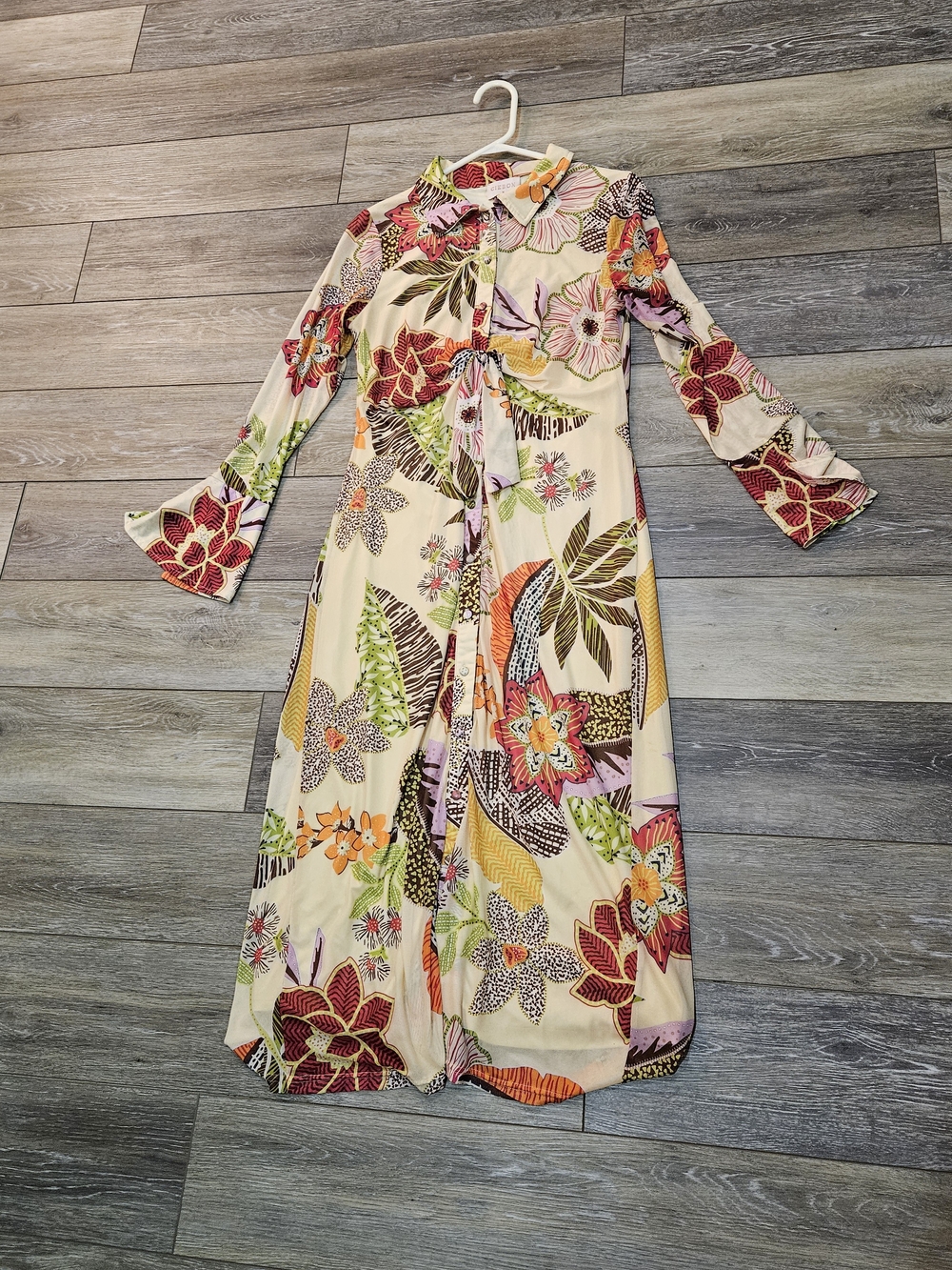 Ciebon Floral Tie-Front Cream Maxi Dress with Multicolor Blooms Size Medium Boho